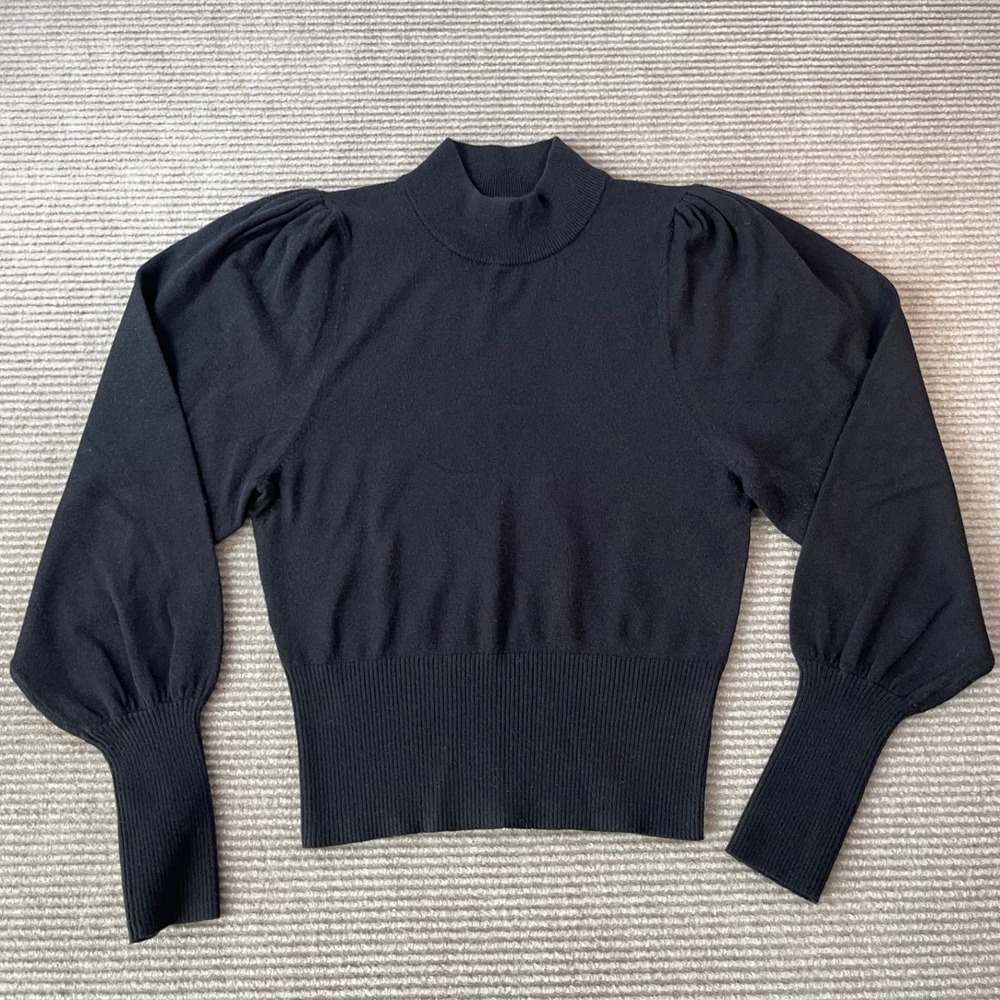 Express Black Mock Neck Puff Sleeve Bishop Sweater Ribbed Cuffs XS Winter Fall